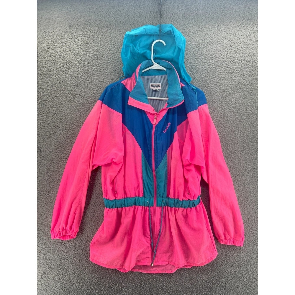 VTG 90s Reebok Windbreaker‎ Jacket Womens L Pink Blue Colorblock Chevron Hooded